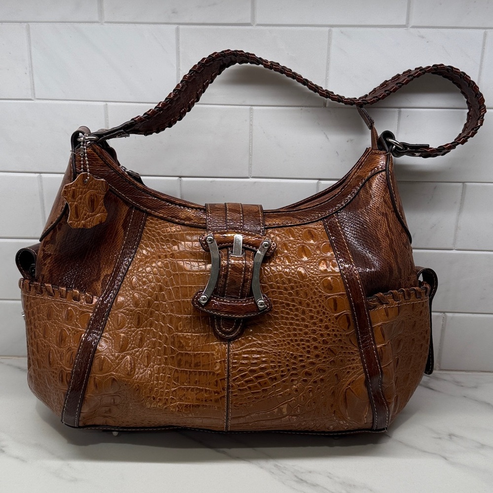 MADI CLAIRE Croc Embossed Shoulder Bag Chestnut Color
